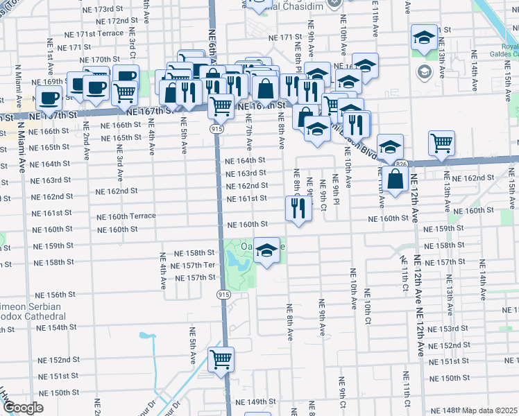 map of restaurants, bars, coffee shops, grocery stores, and more near 725 Northeast 160th Terrace in Miami
