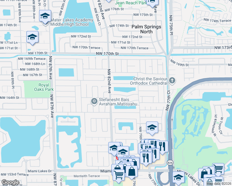 map of restaurants, bars, coffee shops, grocery stores, and more near 8115 Northwest 164th Terrace in Hialeah