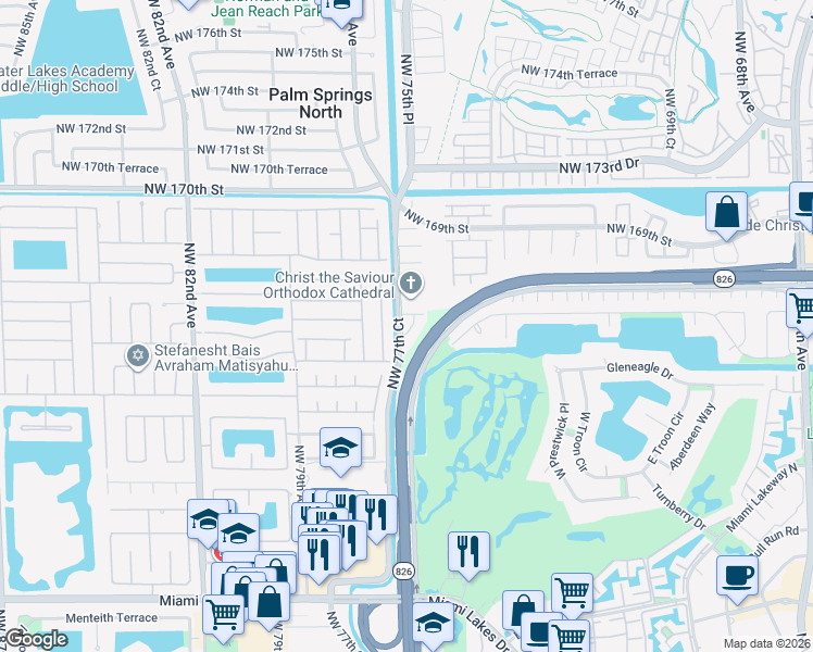 map of restaurants, bars, coffee shops, grocery stores, and more near 16454 Northwest 76th Place in Hialeah