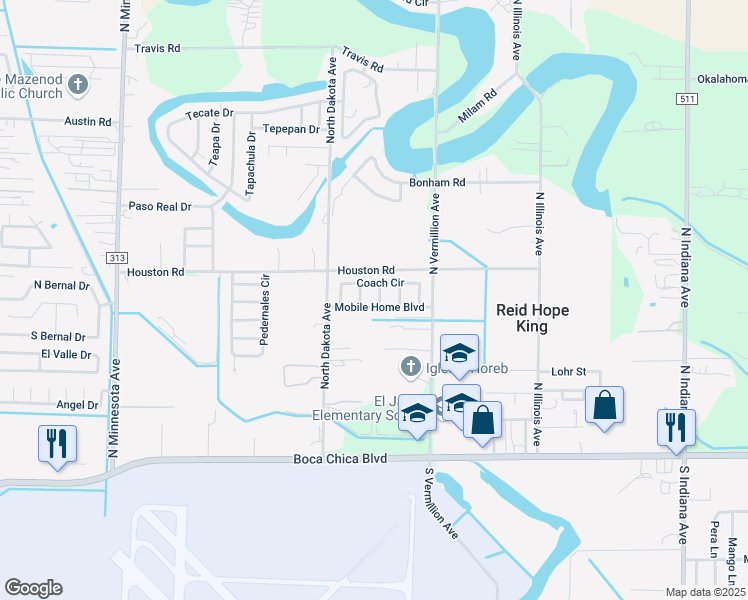 map of restaurants, bars, coffee shops, grocery stores, and more near 6415 Camper Drive in Brownsville