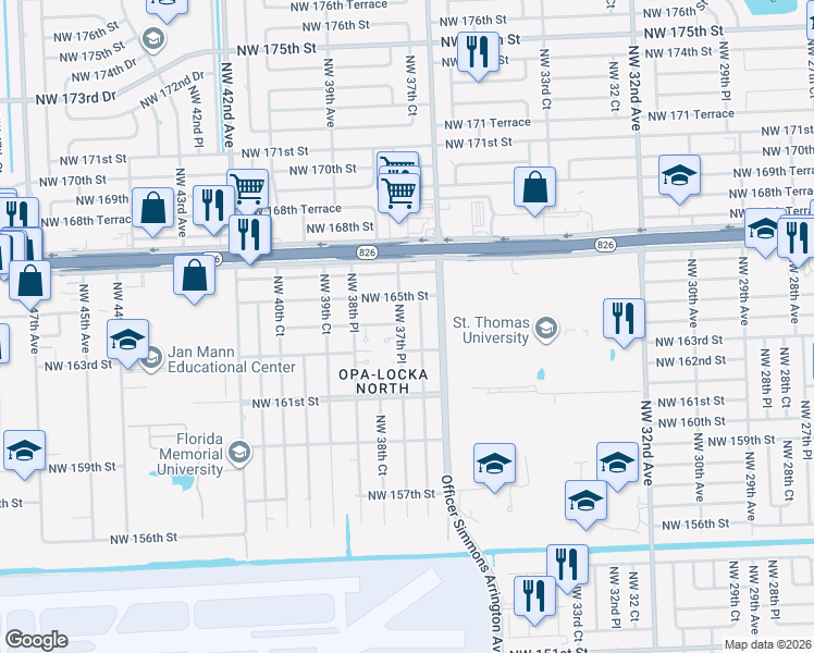 map of restaurants, bars, coffee shops, grocery stores, and more near 16375 Northwest 37th Place in Opa-locka
