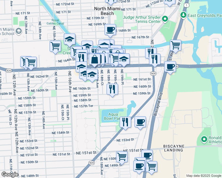 map of restaurants, bars, coffee shops, grocery stores, and more near 15990 Northeast 19th Court in North Miami Beach