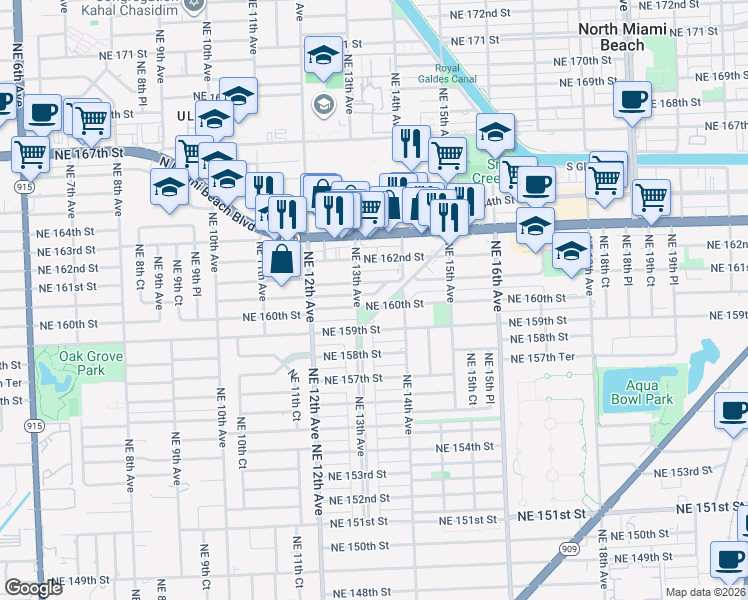 map of restaurants, bars, coffee shops, grocery stores, and more near 1321 Northeast 160th Street in North Miami Beach