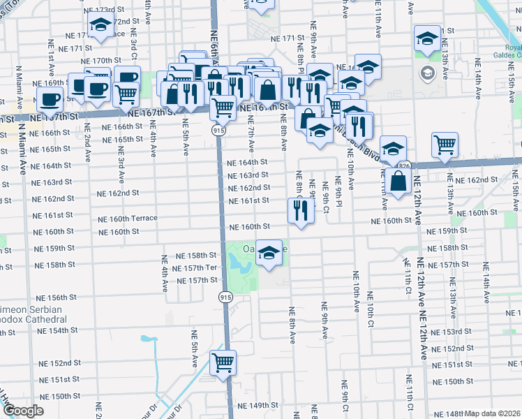 map of restaurants, bars, coffee shops, grocery stores, and more near 725 Northeast 160th Terrace in Miami