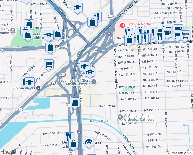 map of restaurants, bars, coffee shops, grocery stores, and more near 496 Northwest 165th Street in Miami