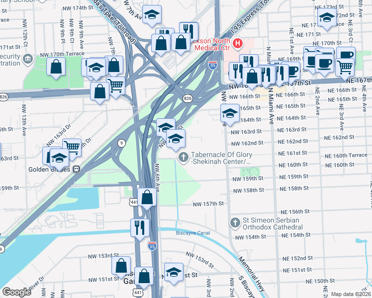 map of restaurants, bars, coffee shops, grocery stores, and more near 496 Northwest 165th Street in Miami