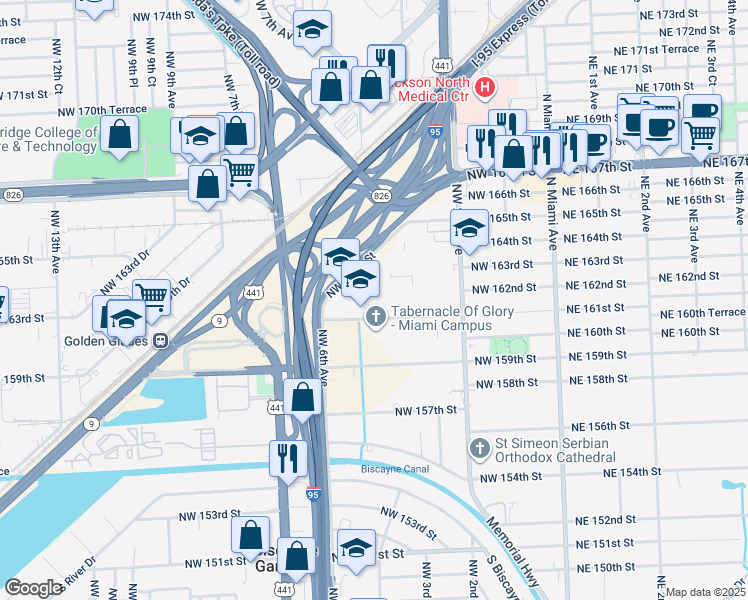 map of restaurants, bars, coffee shops, grocery stores, and more near 496 Northwest 165th Street in Miami