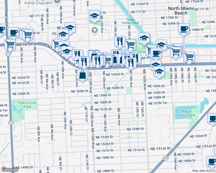 map of restaurants, bars, coffee shops, grocery stores, and more near 1321 Northeast 160th Street in North Miami Beach