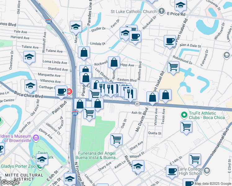map of restaurants, bars, coffee shops, grocery stores, and more near 48 North Street in Brownsville