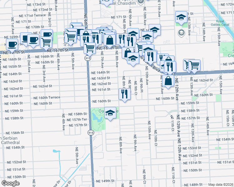 map of restaurants, bars, coffee shops, grocery stores, and more near 781 Northeast 160th Terrace in Miami