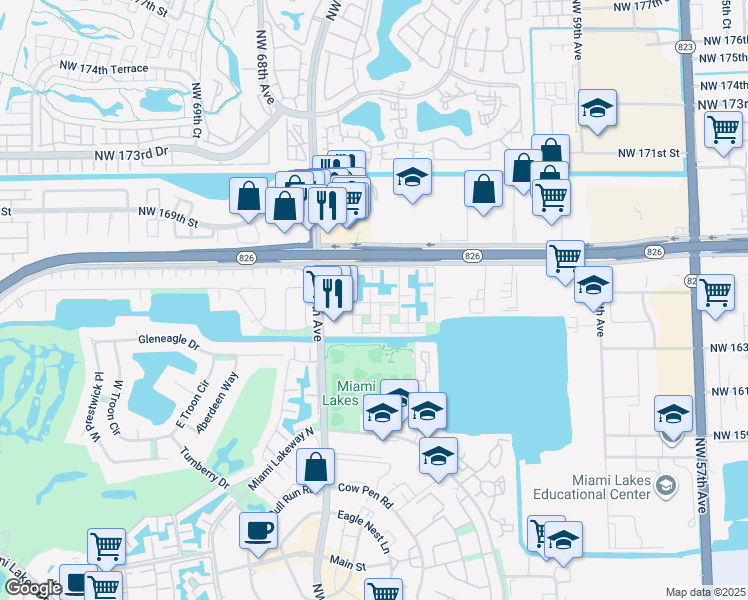 map of restaurants, bars, coffee shops, grocery stores, and more near 6421 Windmill Gate Rd in Miami Lakes