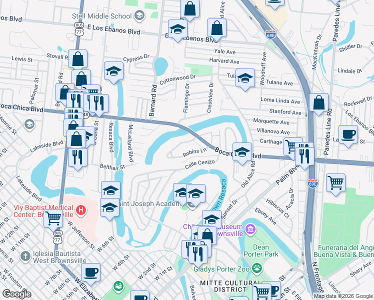 map of restaurants, bars, coffee shops, grocery stores, and more near 155 Robins Lane in Brownsville
