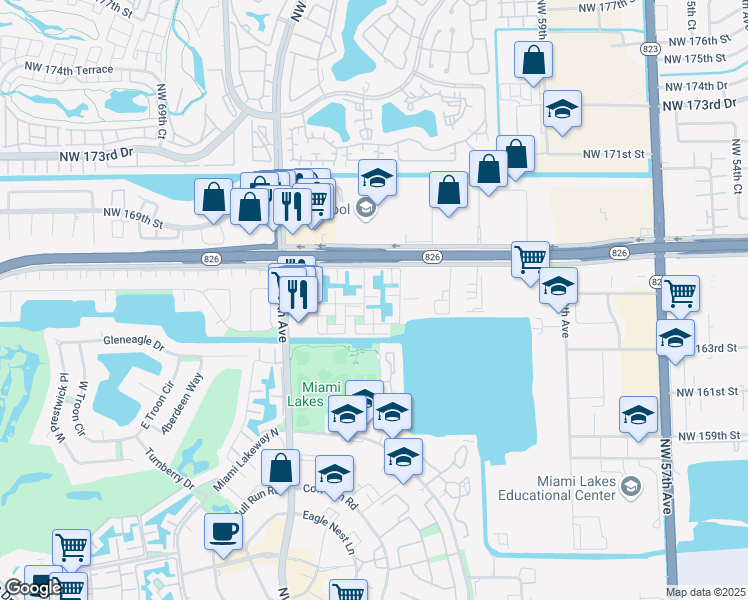 map of restaurants, bars, coffee shops, grocery stores, and more near 16407 Bridge End Rd in Miami Lakes