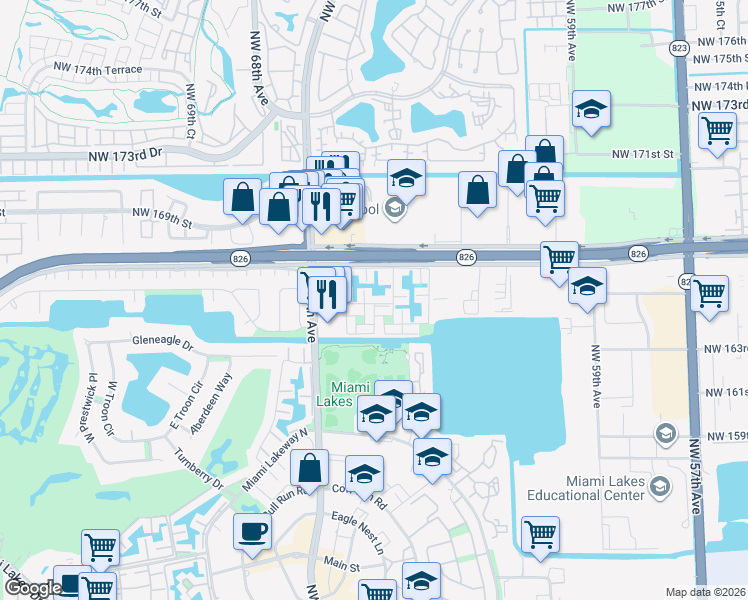 map of restaurants, bars, coffee shops, grocery stores, and more near 6421 Windmill Gate Road in Miami Lakes