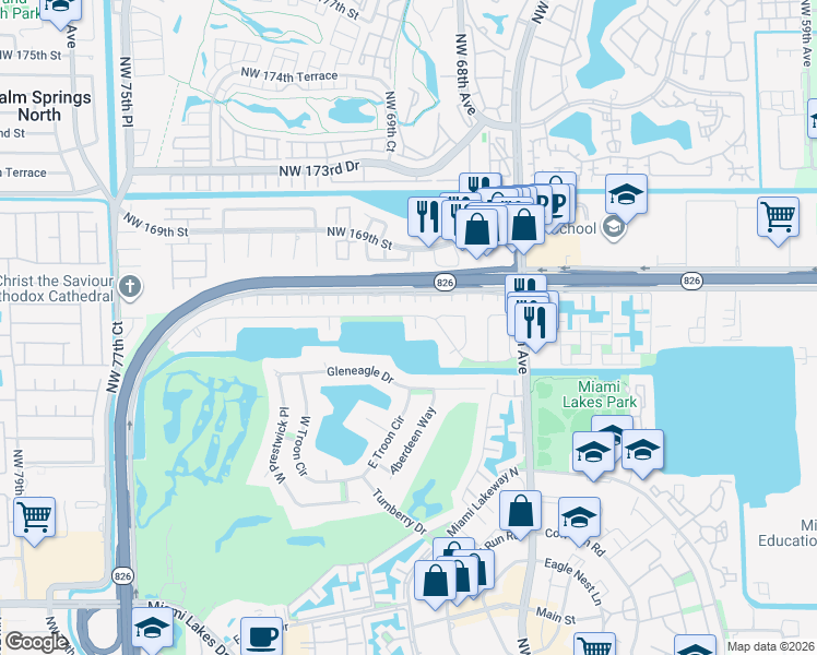 map of restaurants, bars, coffee shops, grocery stores, and more near 16474 Loch Ness Court in Miami Lakes