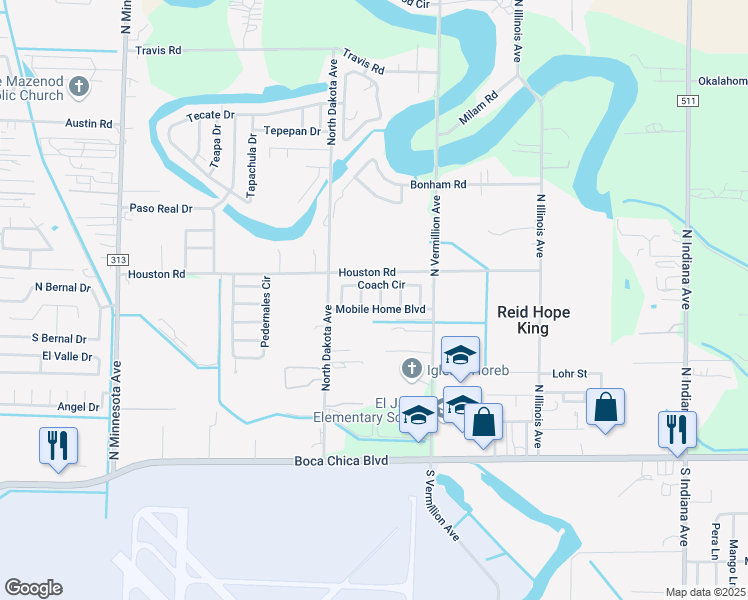 map of restaurants, bars, coffee shops, grocery stores, and more near 6415 Camper Drive in Brownsville