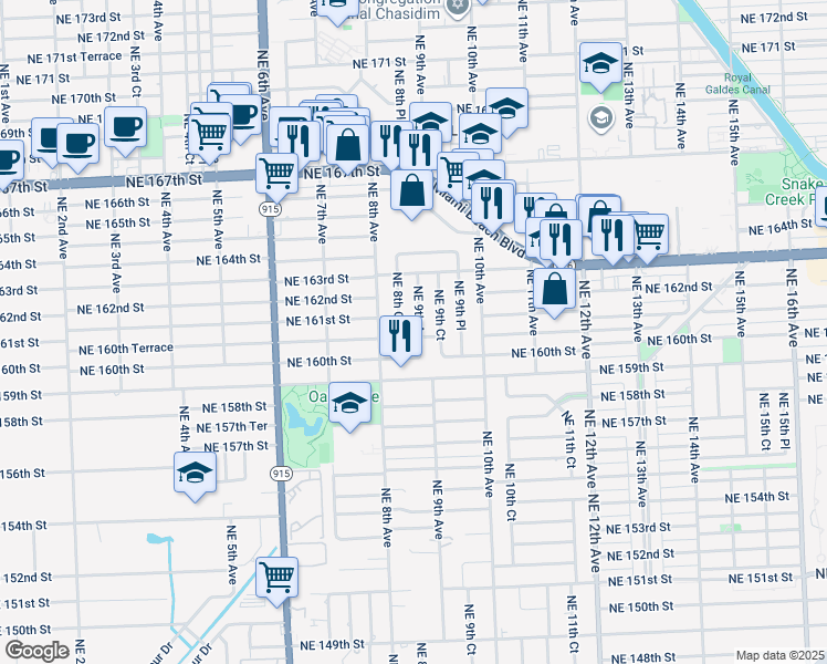 map of restaurants, bars, coffee shops, grocery stores, and more near 899 Northeast 160th Terrace in North Miami Beach