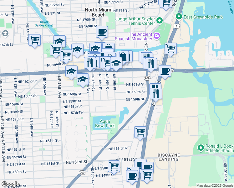 map of restaurants, bars, coffee shops, grocery stores, and more near 15971 Northeast 19th Place in North Miami Beach