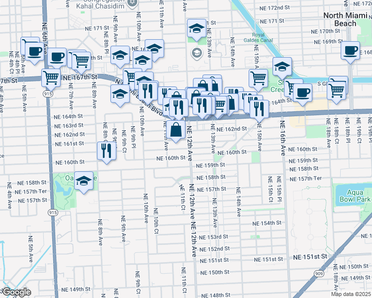 map of restaurants, bars, coffee shops, grocery stores, and more near 1180 Northeast 160th Terrace in North Miami Beach