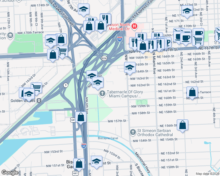 map of restaurants, bars, coffee shops, grocery stores, and more near 494 Northwest 165th Street in Miami