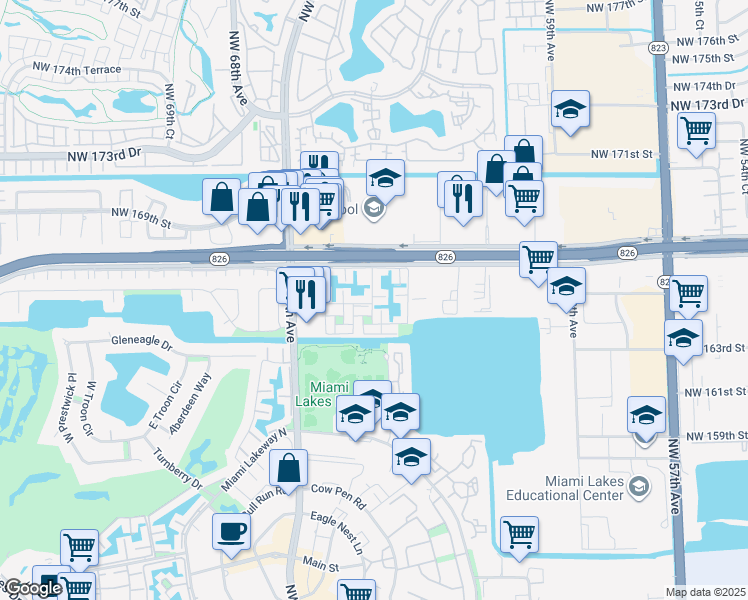 map of restaurants, bars, coffee shops, grocery stores, and more near 16407 Bridge End Road in Miami Lakes