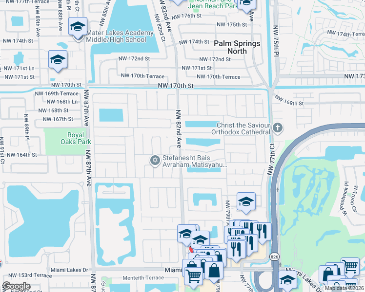 map of restaurants, bars, coffee shops, grocery stores, and more near 8115 Northwest 164th Terrace in Hialeah