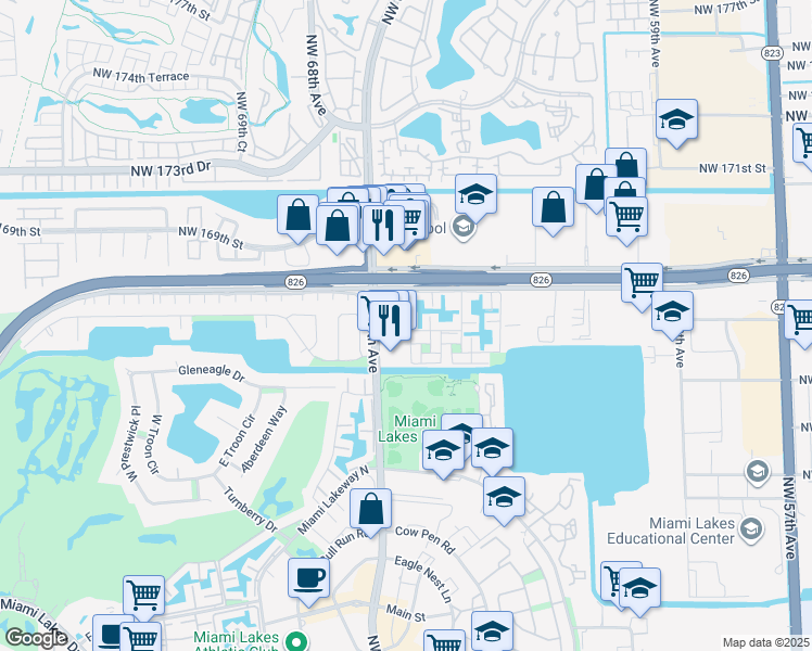 map of restaurants, bars, coffee shops, grocery stores, and more near 16495 Northwest 67th Avenue in Miami Lakes