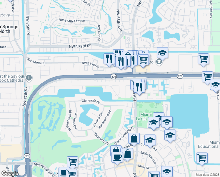 map of restaurants, bars, coffee shops, grocery stores, and more near 6890 Loch ness Drive in Miami Lakes