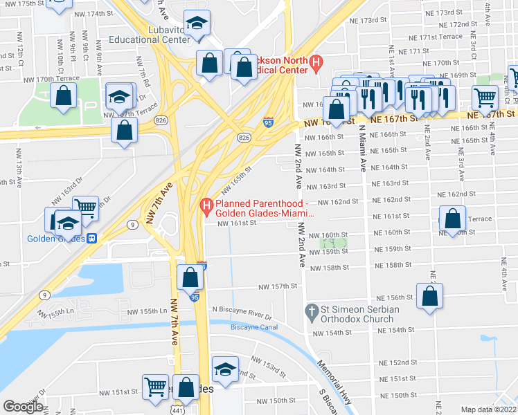 map of restaurants, bars, coffee shops, grocery stores, and more near 494 Northwest 165th Street in Miami