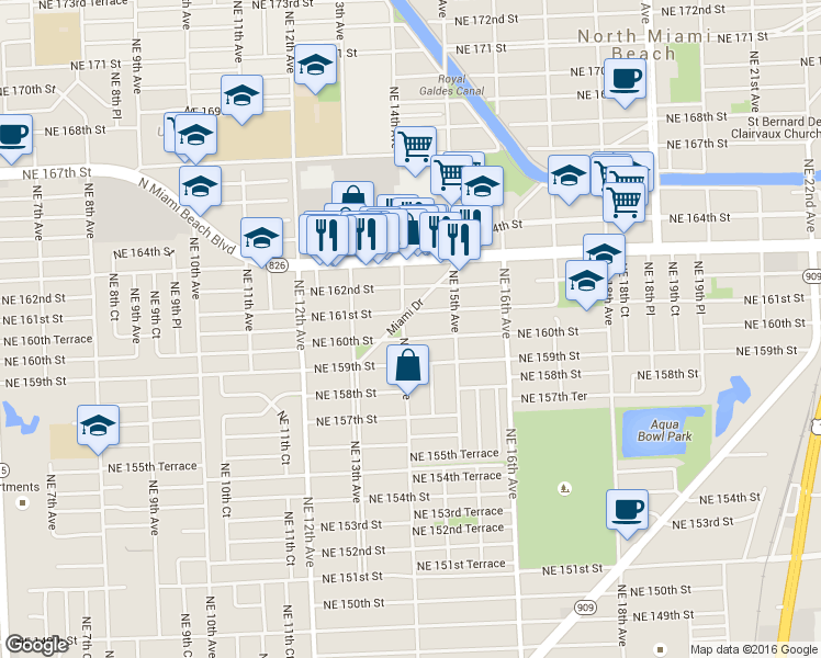 map of restaurants, bars, coffee shops, grocery stores, and more near 16031 Northeast 14th Avenue in North Miami Beach