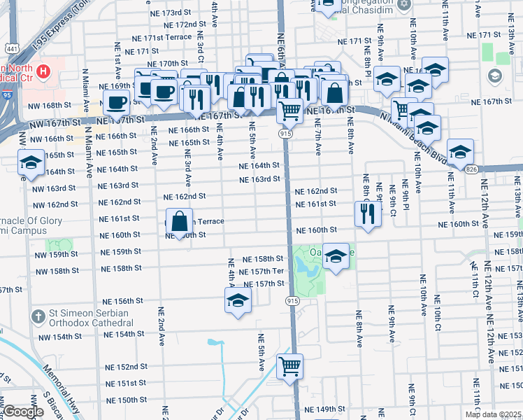 map of restaurants, bars, coffee shops, grocery stores, and more near 499 Northeast 160th Terrace in Miami