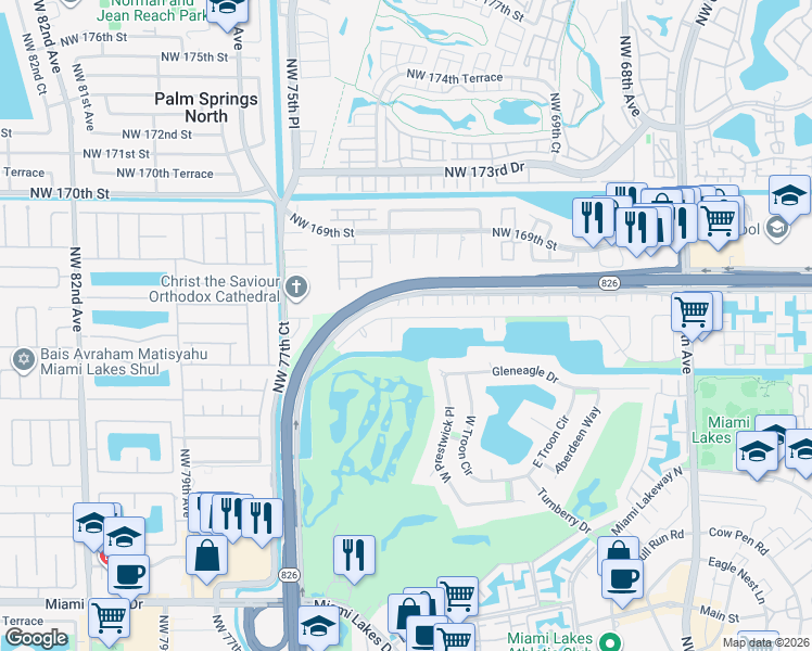 map of restaurants, bars, coffee shops, grocery stores, and more near 7420 Loch ness Drive in Miami Lakes
