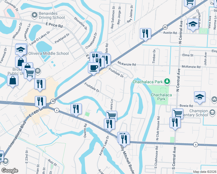 map of restaurants, bars, coffee shops, grocery stores, and more near 495 Palm Haven Drive in Brownsville