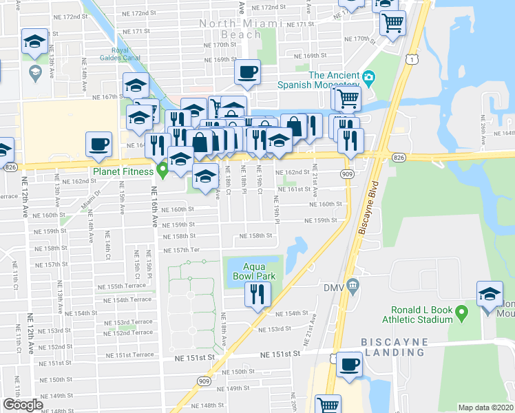 map of restaurants, bars, coffee shops, grocery stores, and more near 15990 Northeast 19th Court in North Miami Beach