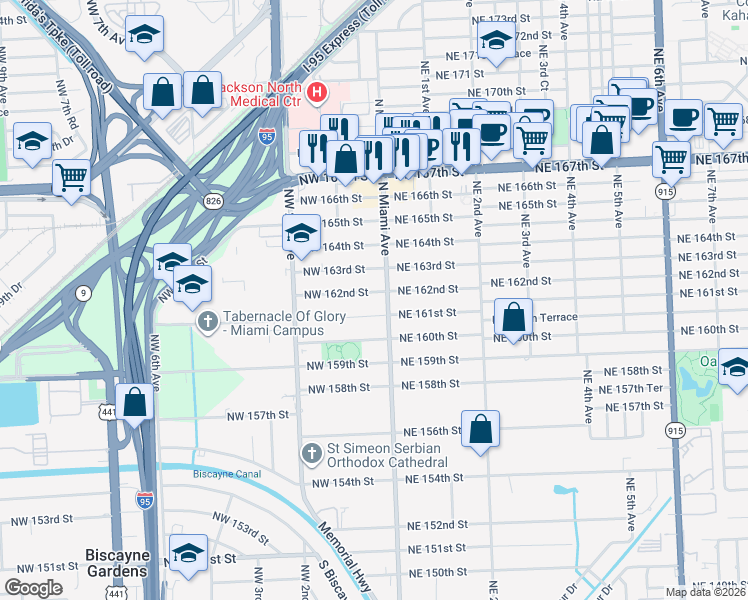 map of restaurants, bars, coffee shops, grocery stores, and more near 35 Northwest 161st Street in Miami