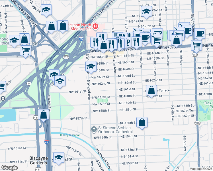 map of restaurants, bars, coffee shops, grocery stores, and more near 90 Northwest 162nd Street in North Miami Beach