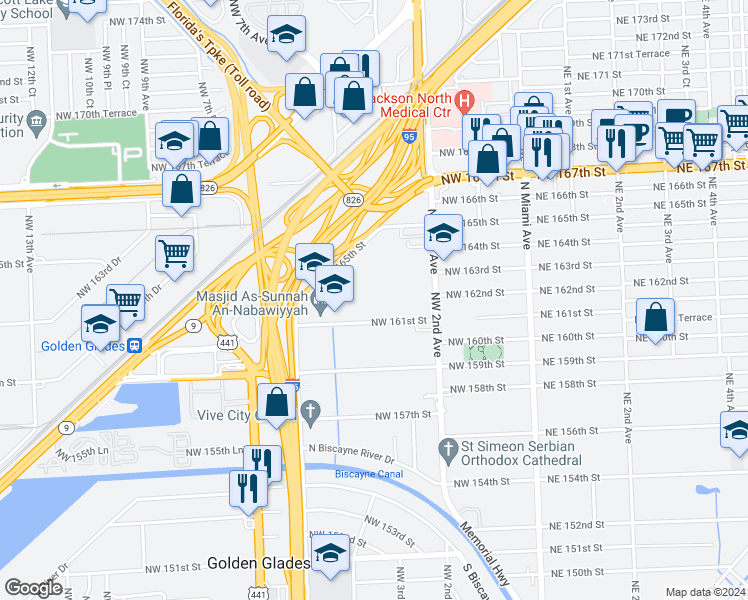 map of restaurants, bars, coffee shops, grocery stores, and more near 494 Northwest 165th Street in Miami