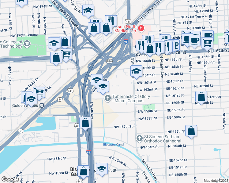 map of restaurants, bars, coffee shops, grocery stores, and more near 494 Northwest 165th Street in Miami