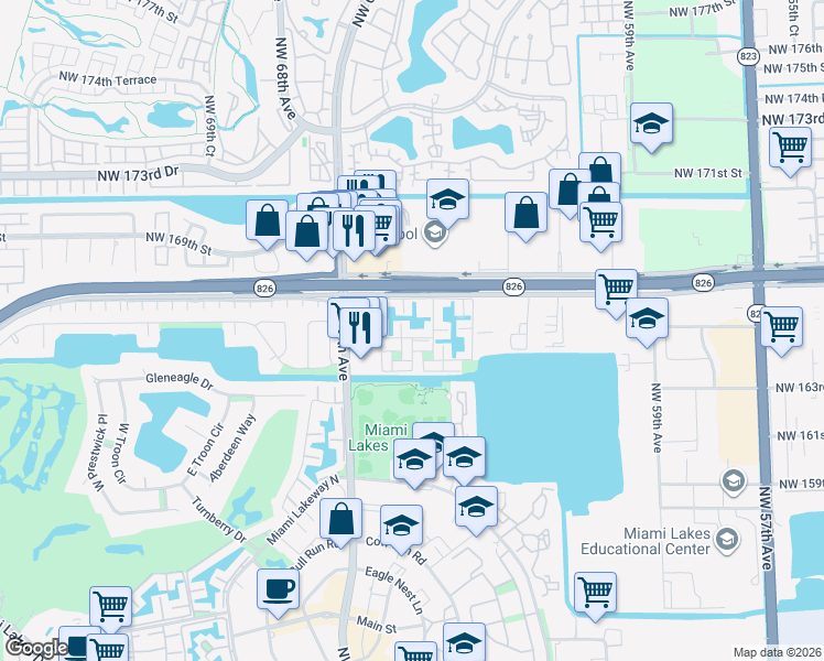 map of restaurants, bars, coffee shops, grocery stores, and more near 6421 Windmill Gate Road in Miami Lakes