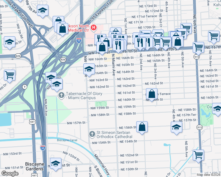 map of restaurants, bars, coffee shops, grocery stores, and more near 35 Northwest 161st Street in Miami