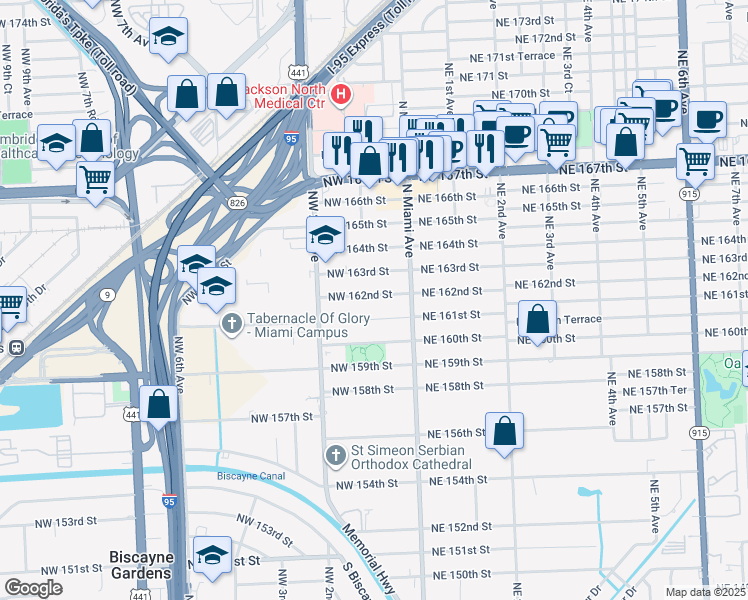 map of restaurants, bars, coffee shops, grocery stores, and more near 90 Northwest 162nd Street in North Miami Beach