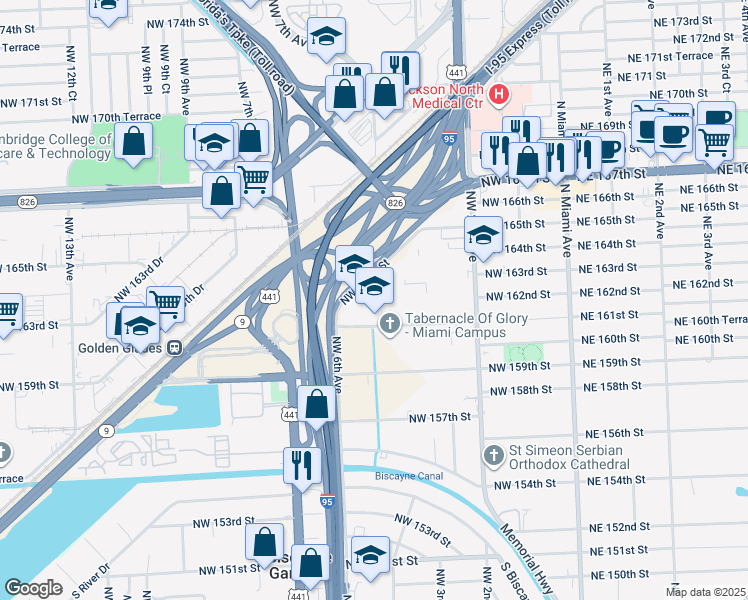 map of restaurants, bars, coffee shops, grocery stores, and more near 520 Northwest 165th Street in Miami