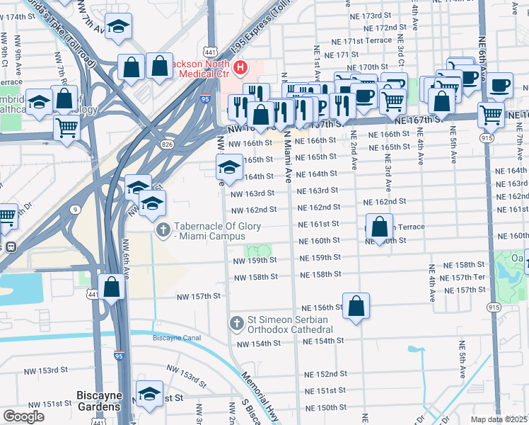 map of restaurants, bars, coffee shops, grocery stores, and more near 90 Northwest 162nd Street in North Miami Beach