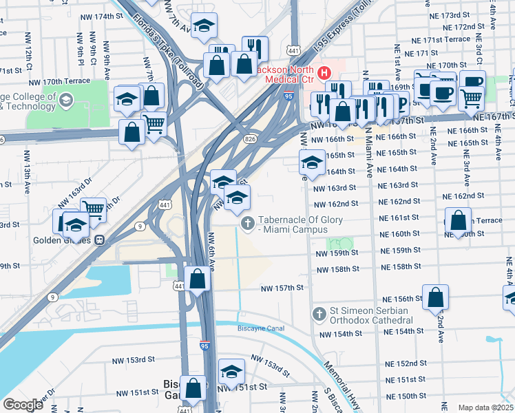 map of restaurants, bars, coffee shops, grocery stores, and more near 494 Northwest 165th Street in Miami