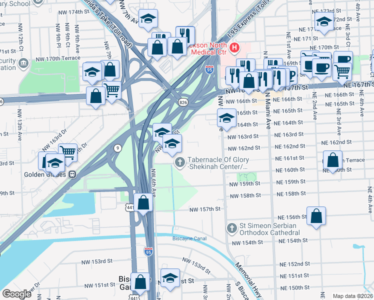 map of restaurants, bars, coffee shops, grocery stores, and more near 494 Northwest 165th Street in Miami