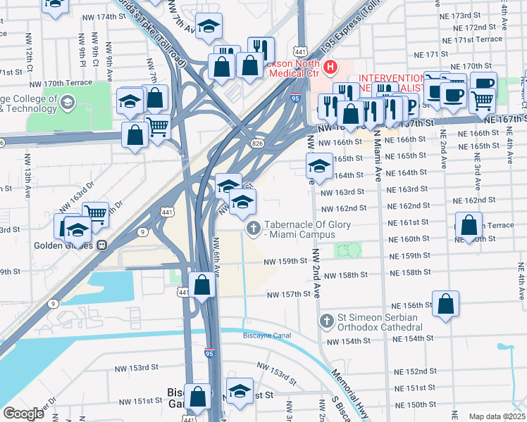 map of restaurants, bars, coffee shops, grocery stores, and more near 494 Northwest 165th Street in Miami