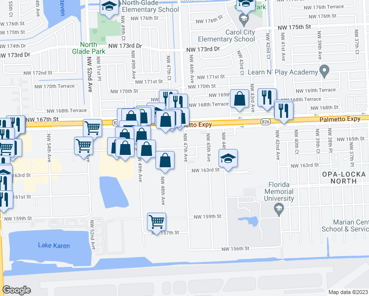 map of restaurants, bars, coffee shops, grocery stores, and more near 4702 Northwest 165th Street in Miami Gardens