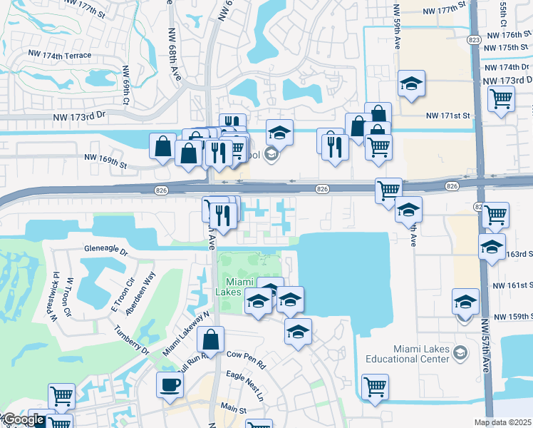 map of restaurants, bars, coffee shops, grocery stores, and more near 16407 Bridge End Road in Miami Lakes