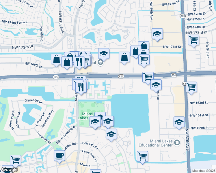map of restaurants, bars, coffee shops, grocery stores, and more near 16400 Briar Patch Place in Miami Lakes