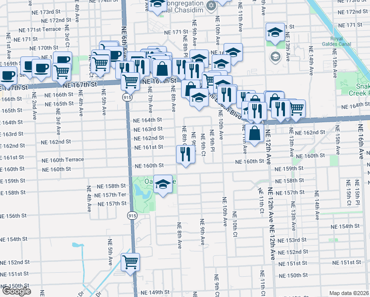 map of restaurants, bars, coffee shops, grocery stores, and more near 899 Northeast 160th Terrace in North Miami Beach